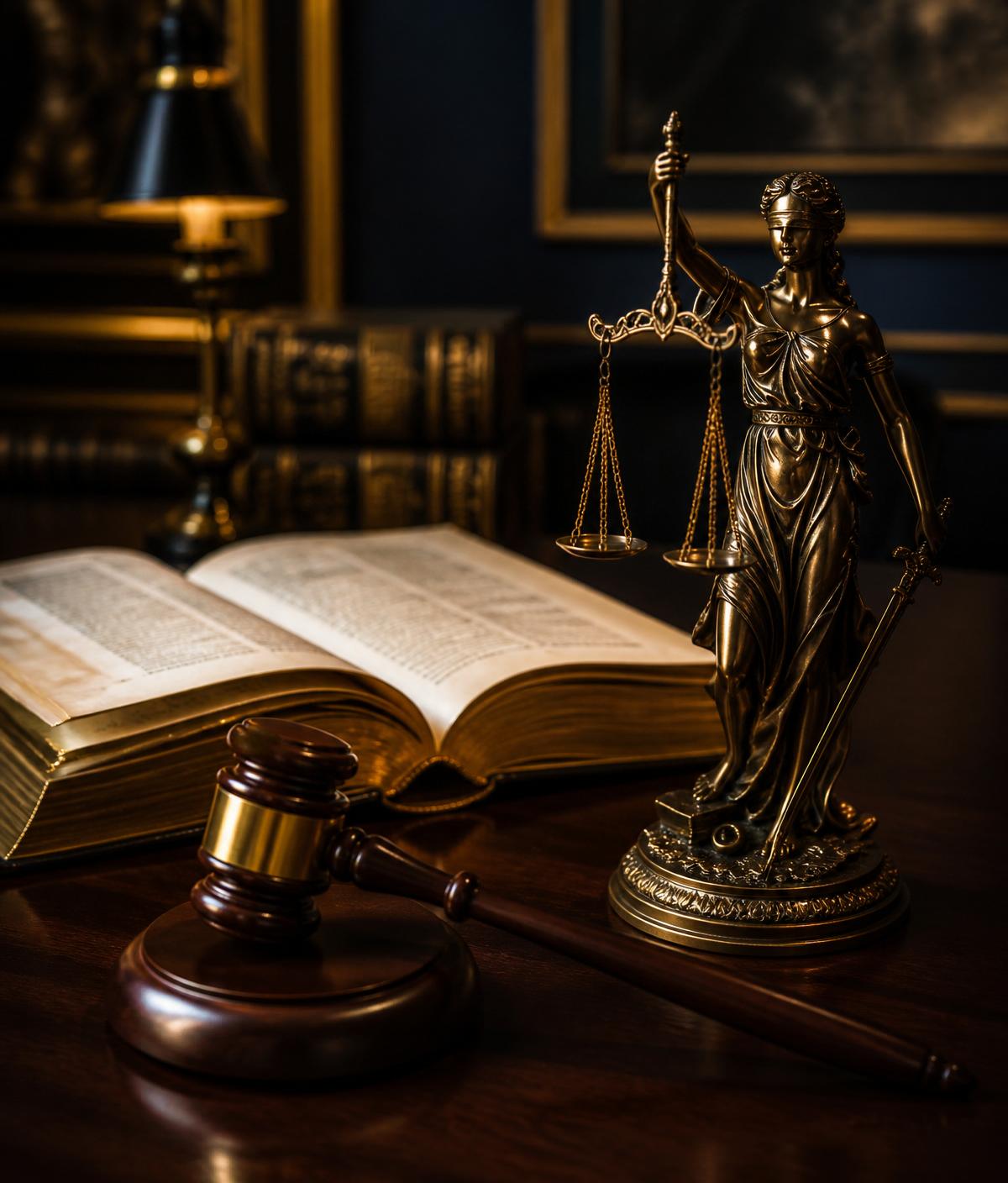 Lady Justice statue, open law book and gavel on a mahogany desk — LawFix Bangladesh